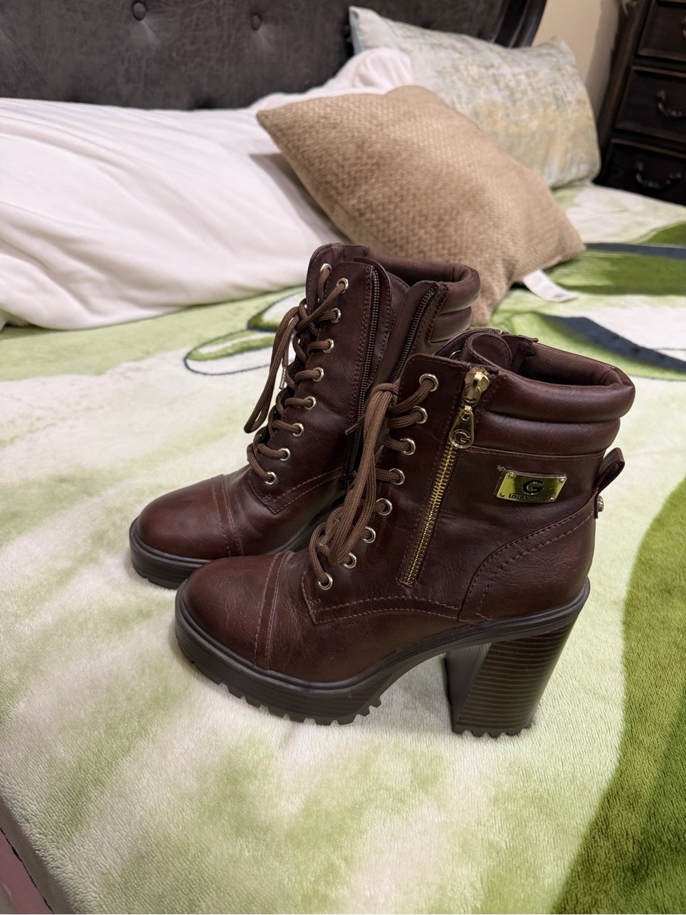 Guess Dark Brown Lace-Up Heeled Combat Boots with Side Zip